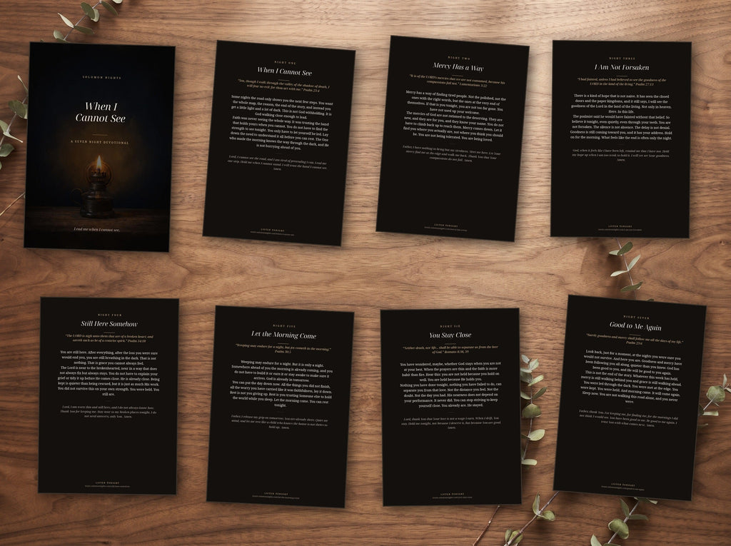 The seven night devotional shown as printed cards on a table